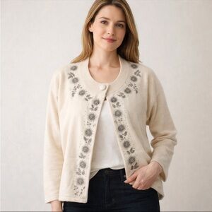 Talbots Lambswool Angora Rabbit Hair One Button Cardigan Cream Large Preppy